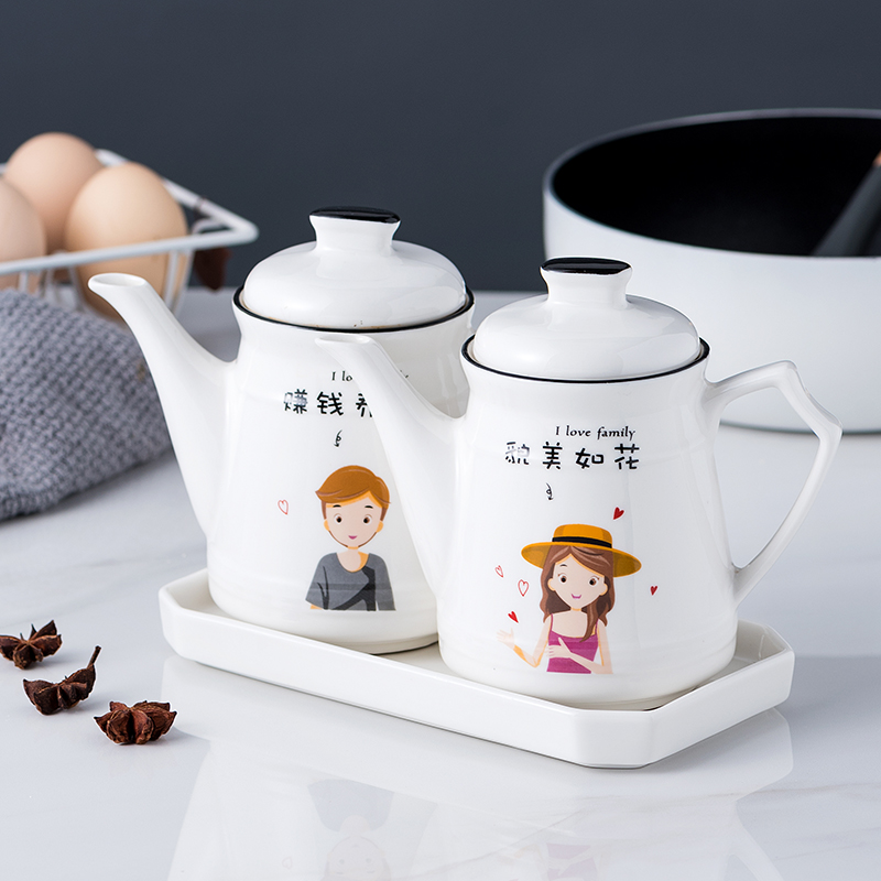 Cartoon Ceramic Oil Pot Soy Sauce Bottle With Lid Oil Vinegar Jar Sauce Bottle Seasoned Pot Home Control Oil Oil Pot Kitchen Accessories