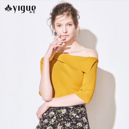 亦谷2018夏装新款不规则一字领斜肩露肩套头