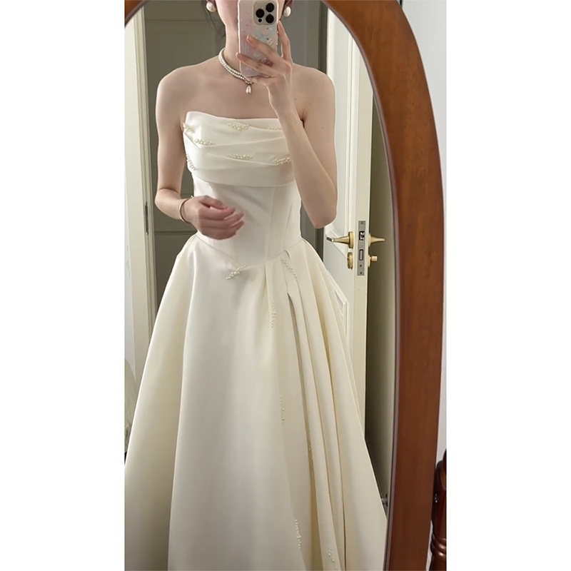 Strapless Light Wedding Dress for Brides 2026 New Style White Satin Engagement Dress Elegant and Ethereal Adult Ceremony Long Gown Strapless Light Wedding Dress for Brides 2026 New Style White Satin Engagement Dress Elegant and Ethereal Adult Ceremony Long Gown