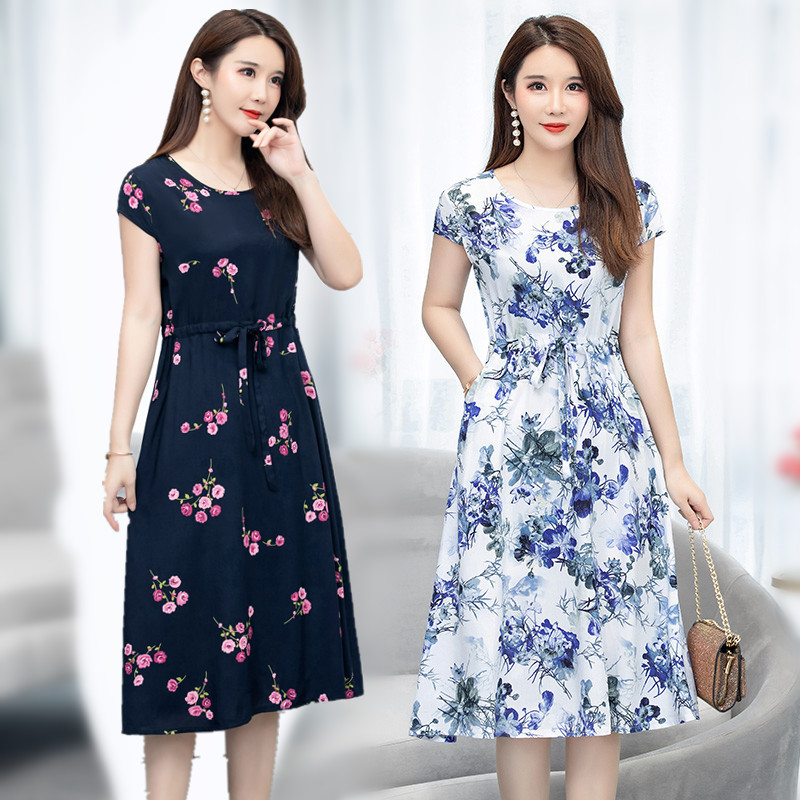 Middle-Aged Women, Plus-Size Moms, Knee-Length Skirt, Mid-Length, Middle-Aged and Elderly Women's Summer Cotton Silk Dress, 40-50 Years Old