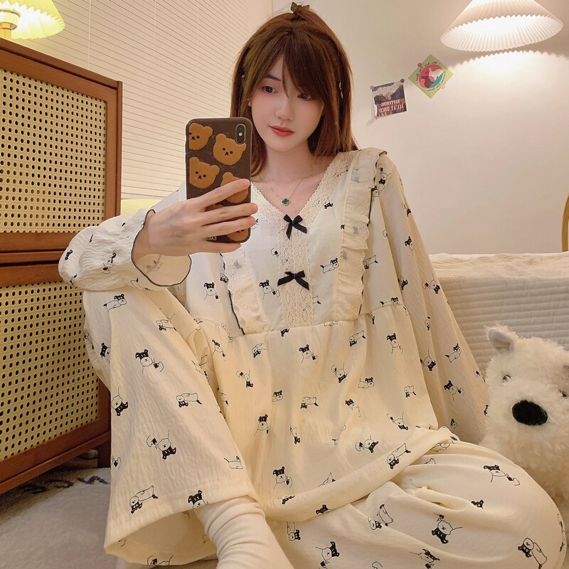 Pajamas for Women, Spring and Autum, Pure Cotton, Long-Sleeved, Cute Princess Style, Plus Size, Plus Size, Fat mm 100kg Home Wear Set