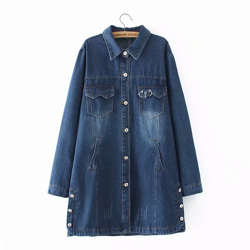 Mùa xuân và hè 2019 cộng với phân bón cộng với kích thước cộng với áo khoác nữ denim không dây miền Nam Tini dài 8020 - Trench Coat