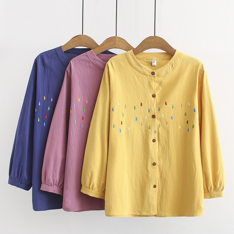 2021 Autumn Fattening Plus Size Women's Wear Non-ingenious Fat M Cotton and Hemp Embroidered Long Sleeve Shirt Jacket 850