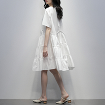 White Dress Skirt Woman 2022 Summer new Korean version Short sleeves Round collar minimalist Temperamental Long a-word dress