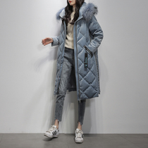 Large fur collar gold velvet medium long down jacket for women 2021 Winter fit new Korean version blue Lianhood Thickened Jacket Tide