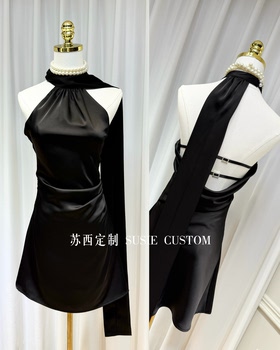 Pure lust style small sexy halterneck streamer pleats cover the belly big backless adjustable straps slim satin midi skirt