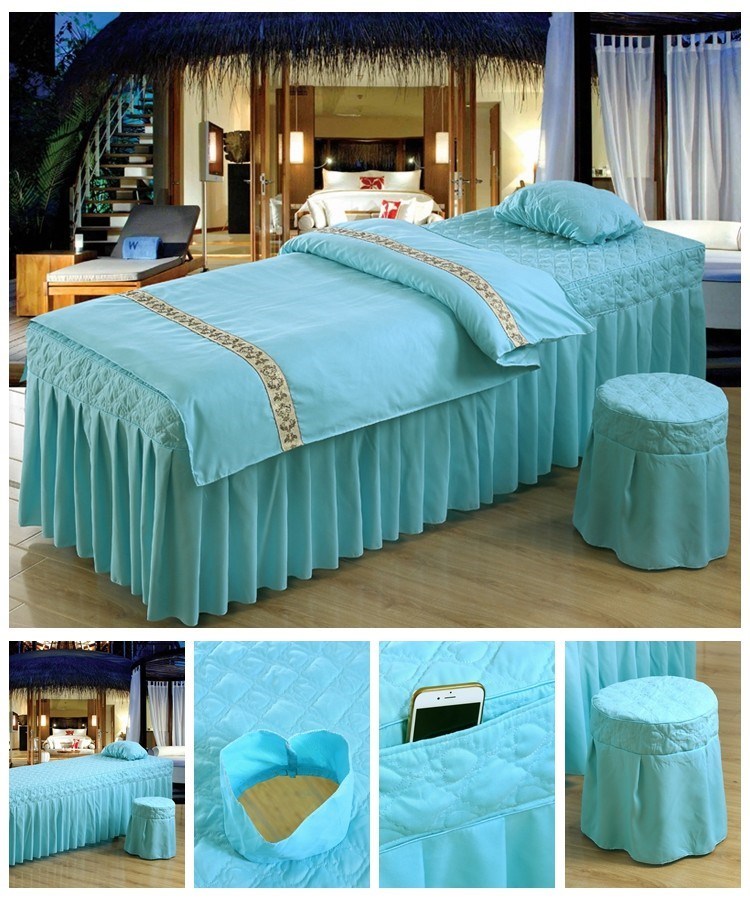 Đa chức năng bao gồm giường vàng massage massage giường vàng bốn mảnh màu xanh lá cây đặt gối màu hồng làm đẹp giường ngủ. - Trang bị tấm giá khăn trải giường spa