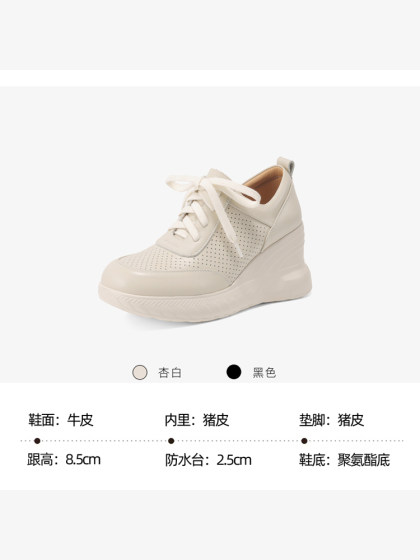 女士休闲鞋2025春季新款透气软底不累脚真皮厚底坡跟单鞋小白鞋
