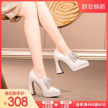 Bowknot womens single shoes 2021 Autumn New temperament beige pointed deep mouth thick heel waterproof table high heels