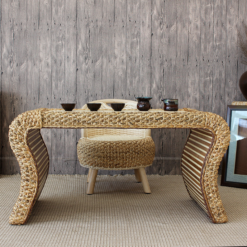 Handmade Daffodil rattan woven Tatami coffee table Floor table Zen low table Solid wood frame woven straw table