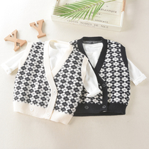 2021 new boys Lingge knit sweaters vest baby Autumn children Korean loose small children sweater vest