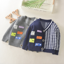 Boys autumn clothes 2021 new childrens color Korean V-neck knitted cardigan spring and autumn childrens baby sweater coat