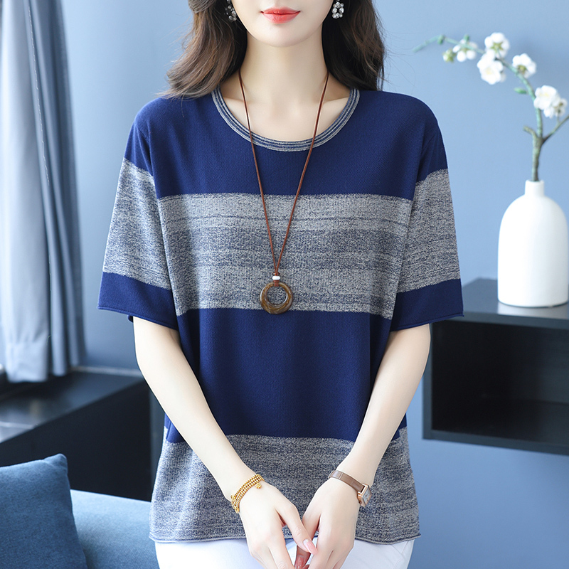 Summer New Style Mulberry Silk Short-Sleeved Color-Blocked Top for Women, Plus Size, Loose Fit, Tummy-Covering, Stylish T-Shirt, Knitted Blouse