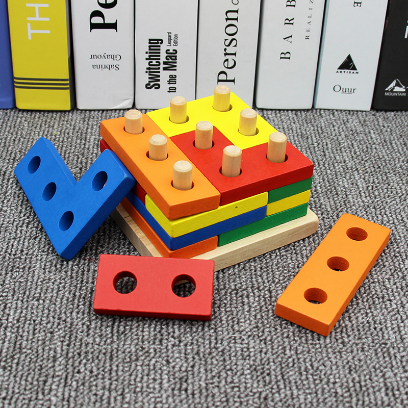Nine-pillar shape sleeve column building block puzzle geometry sleeve pile children wooden early education cognitive toy intelligence development