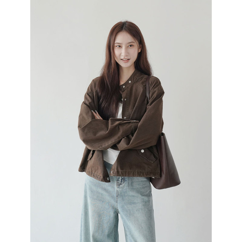 2026 Early Autumn Vintage Stand Collar Long Sleeve Casual Denim Jacket Women's Short Loose Button Double Pocket Jacket 2026 Early Autumn Vintage Stand Collar Long Sleeve Casual Denim Jacket Women's Short Loose Button Double Pocket Jacket