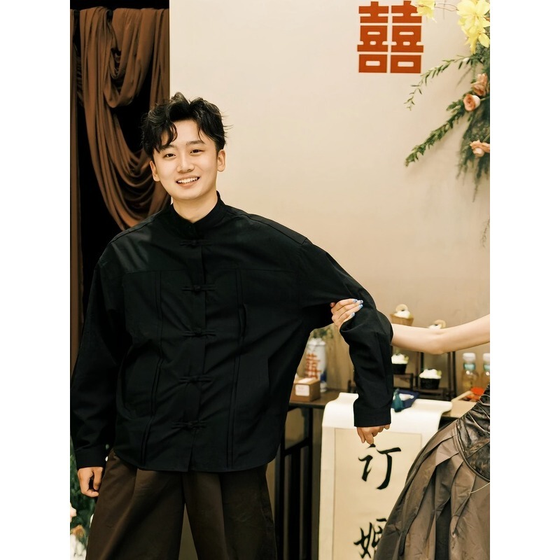 Happy Orange [Xuan Yi] Engagement Men's New Chinese Style Long Sleeve Stand Collar Shirt Jacket Design Casual Black Shirt