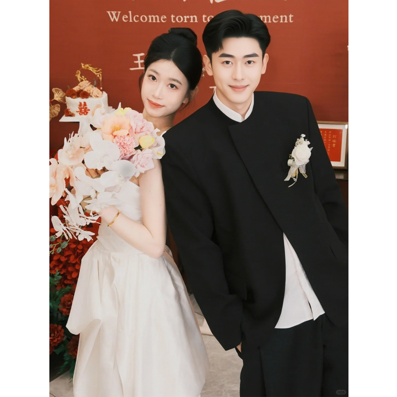 Happy Orange/Men's Toasting Suit Engagement Certificate Ceremony Casual Suit Wedding Set New Chinese Style Groom Suit Jacket