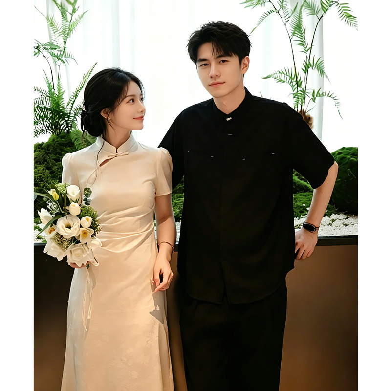 Happy Orange [Xixi] New Chinese Style Men's Short Sleeve Shirt Summer Half-Sleeve Shirt Engagement Banquet Formal Wear