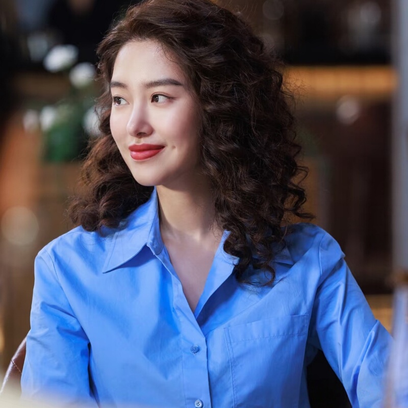 Love Has No Myths, Yang Caiyu and Zhou Mei's Same Style Blue Shirt, Women's Long-Sleeved Top, Women's Pure Cotton Shirt