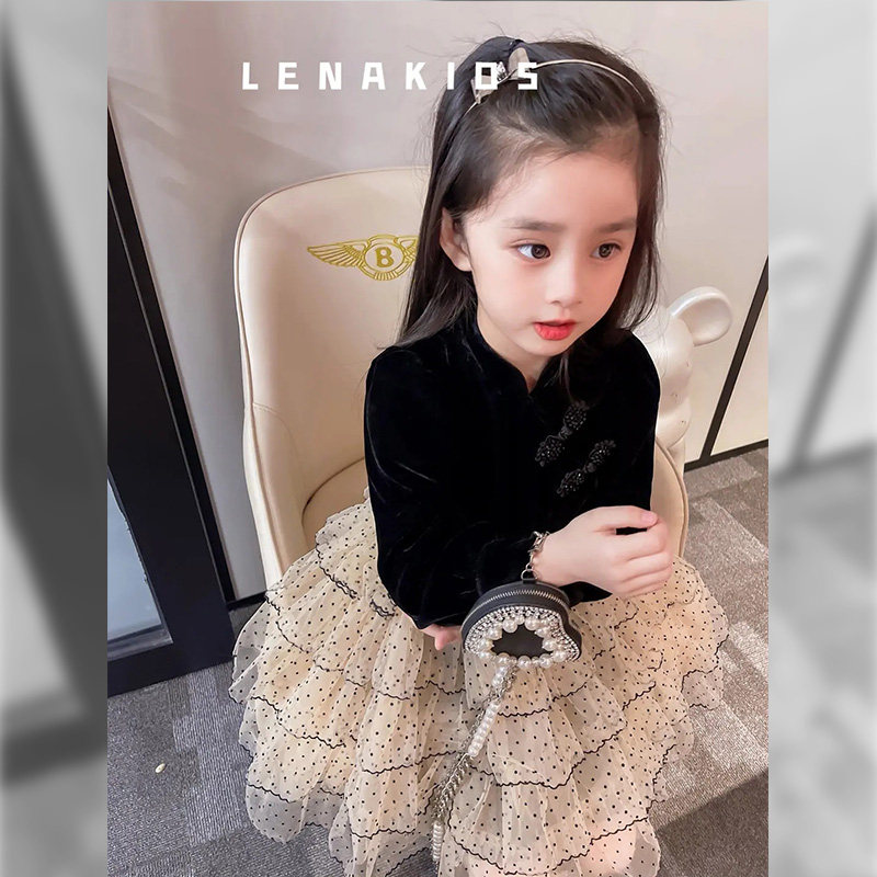 Girl Foreign Dress Spring Dress New Children Retro Disc Buttoned Velvet Qipao Dress Splicing Mesh Veil Princess Cake Dresses