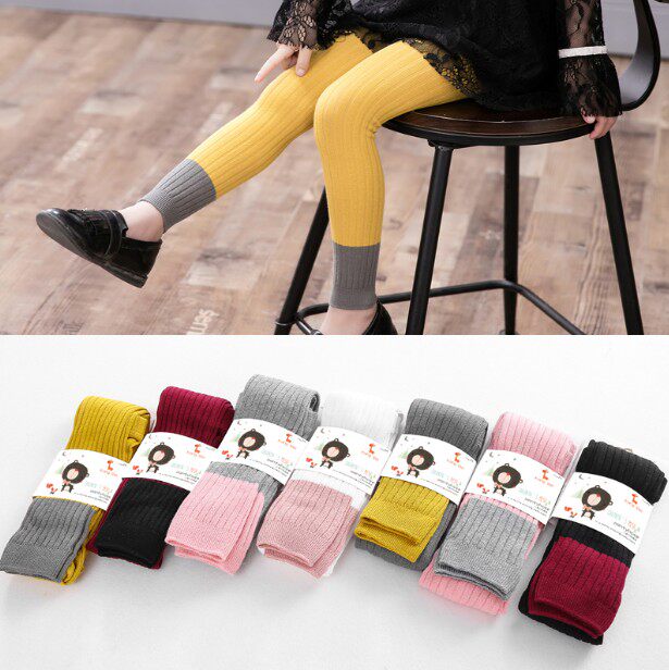 Spring and Autumn Girls' Knitted Cotton Ninth Pants Children's Fashion Color-blocking Underwear Pantyhose Baby Children's Thin Pants Trend