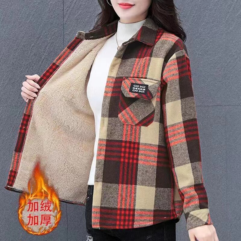 Fleece-Lined Thick Plaid Shirt Jacket for Women, Long-Sleeved, Loose-Fitting, Warm for Autumn and Winter, Brushed Cotton Casual Top Shirt Fleece-Lined Thick Plaid Shirt Jacket for Women, Long-Sleeved, Loose-Fitting, Warm for Autumn and Winter, Brushed Cotton Casual Top Shirt