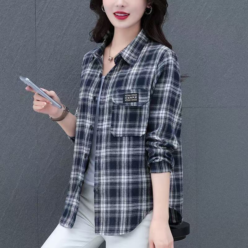 Summer Thin Casual Loose Stylish Plaid Jacket Sun Protection Top Plaid Long-Sleeved Shirt Middle-Aged and Elderly Women's Shirt