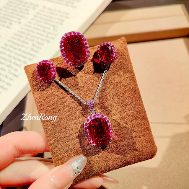 Young light luxury full diamond pigeon blood red pendant necklace simple temperament red corundum ring colorful treasure jewelry set for women