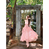 Q Girl's Lychee Flower Tea/6.8m Extra Large Vacation Fairy Floral Dress Spring Beautiful Mini Long Dress
