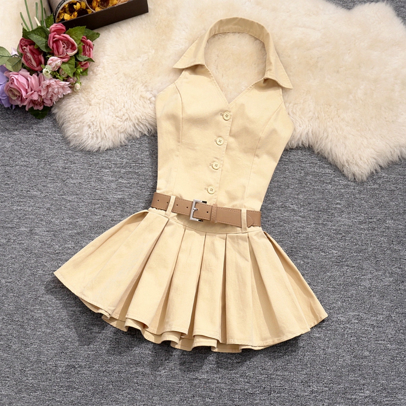 Real Shot of Summer Women's Clothing: Sexy Halter Neck, Backless, Single-Breasted, Sleeveless, Pleated Skirt, Belted, Slim-Fitting Waist-Cinching Dress