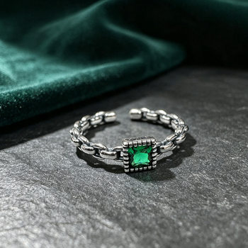 Yunshang clothing s925 sterling silver retro distressed silver chain ring sugar cube green zirconia open ring