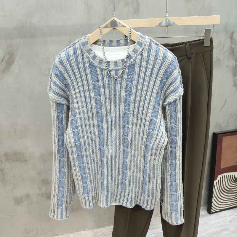 Reversible Retro Striped Color-Blocked Crew Neck Cable Knit Sweater for Men, Autumn and Winter Trendy Brand, Cool Denim Color Casual Knitwear Reversible Retro Striped Color-Blocked Crew Neck Cable Knit Sweater for Men, Autumn and Winter Trendy Brand, Cool Denim Color Casual Knitwear
