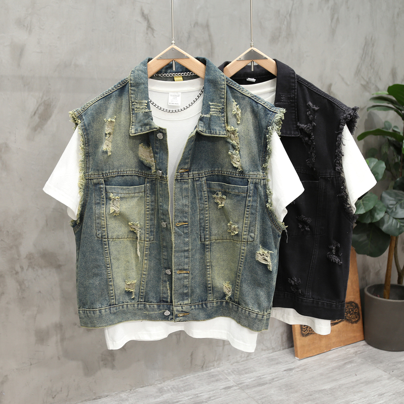 Short American Retro Ripped Lapel Sleeveless Denim Vest for Men and Women, High Street Washed and Distressed Spring and Autumn Jacket