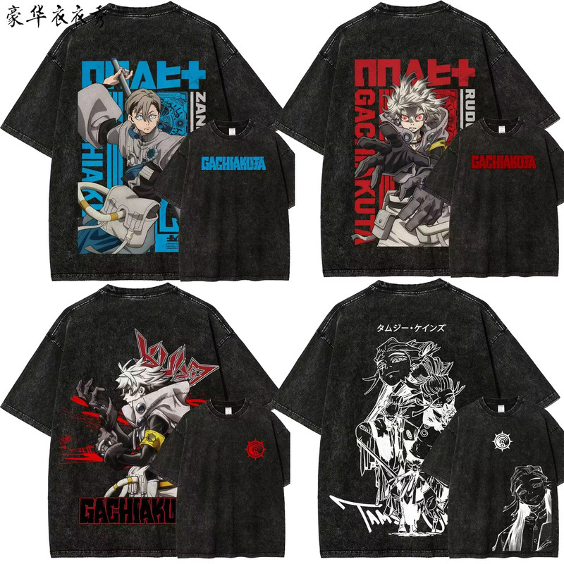 《Waste Abyss War Ghost》Gachiakuta Printed T-Shirt, Washed Heavy Cotton Short-Sleeved Loose Top for Men and Women