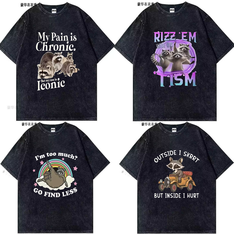 European and American Creative Cute and Fashionable Raccoon Round-Neck Vintage Washed Short-Sleeve T-Shirt for Men and Women, Trendy Brand, Simple and Loose Top