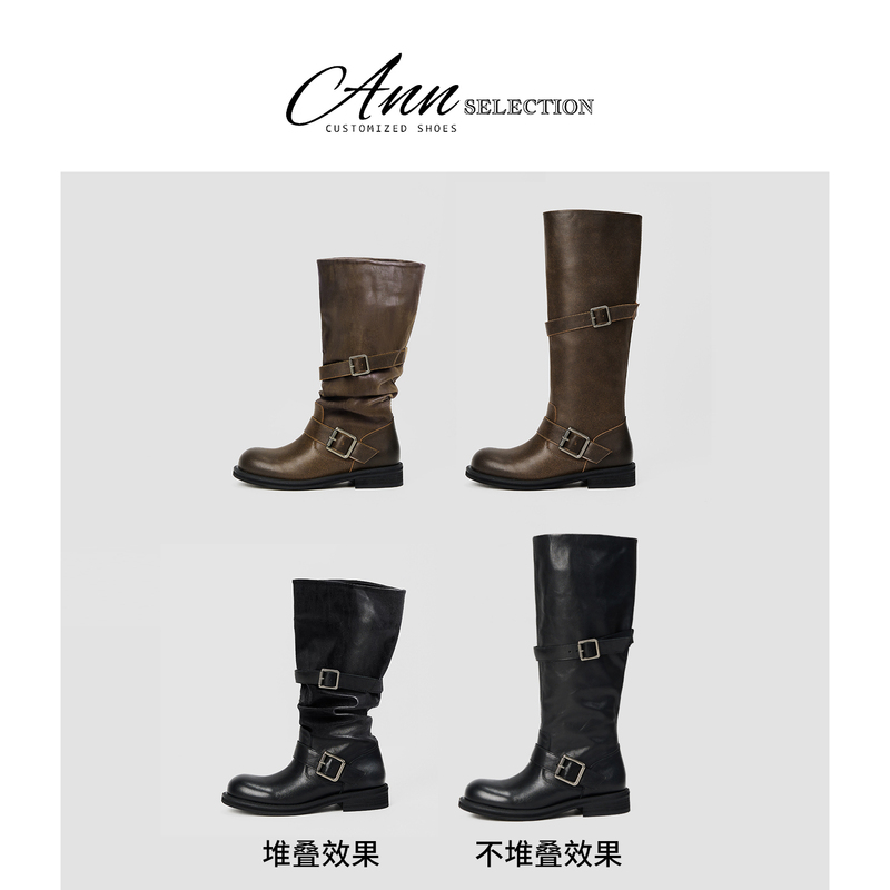Ann Retro Round-Toe Knight Boots for Women 2026 Autumn New Low-Heeled Belt Buckle Motorcycle Boots Knee-High Stacked Long Boots Ann Retro Round-Toe Knight Boots for Women 2026 Autumn New Low-Heeled Belt Buckle Motorcycle Boots Knee-High Stacked Long Boots