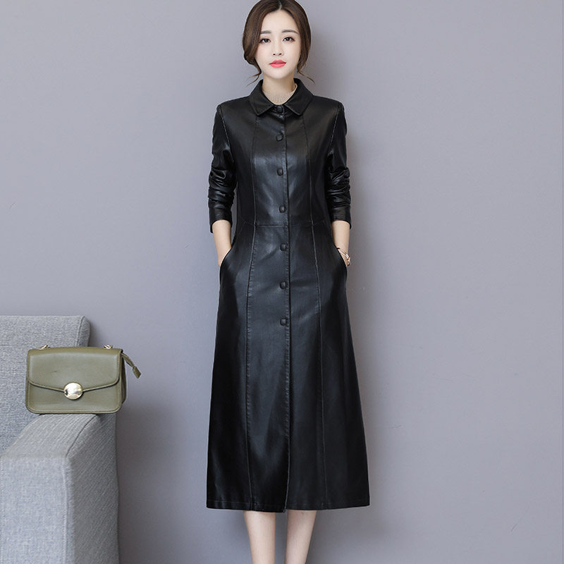 2021 autumn Haining leather leather women's long version over the knee leather trench coat Korean version plus cotton middle-aged mother jacket