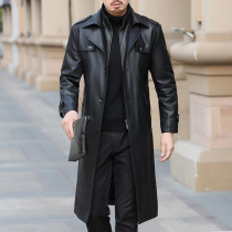 Henning genuine leather fur coat mens middle aged men over knee leather windweaters with velvet thickened autumn and winter leather jacket handsome