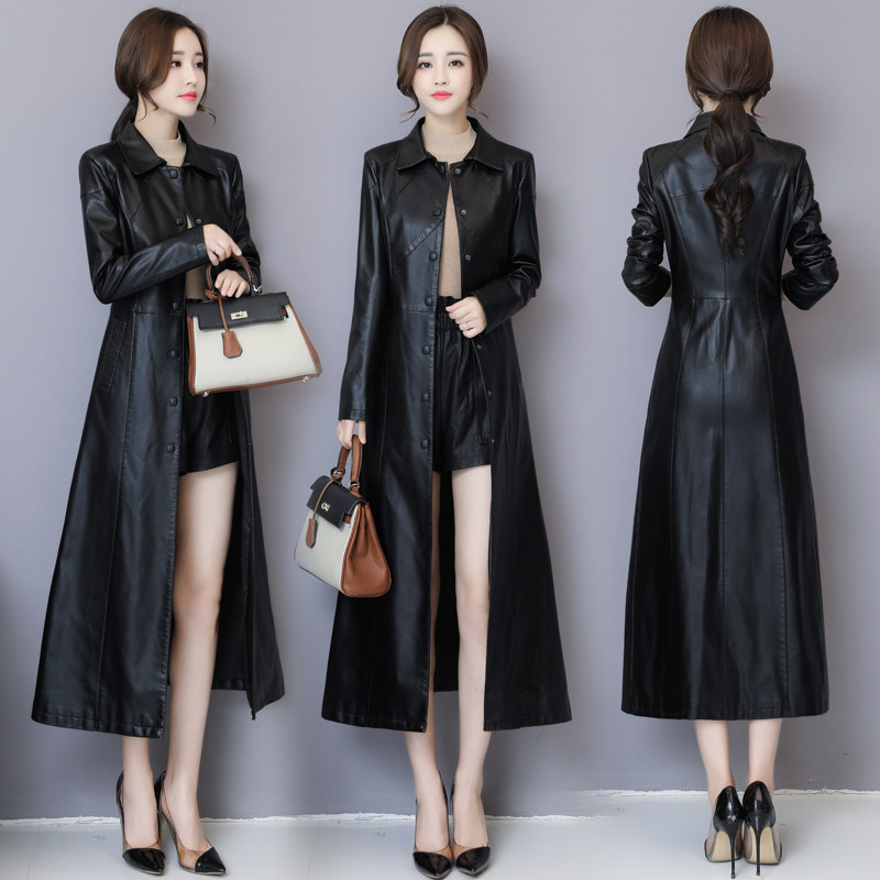 Spring and autumn new Hainen genuine leather leather clothes female medium long version over knee fashion leather windjersey sheep leather plus cotton coat special price