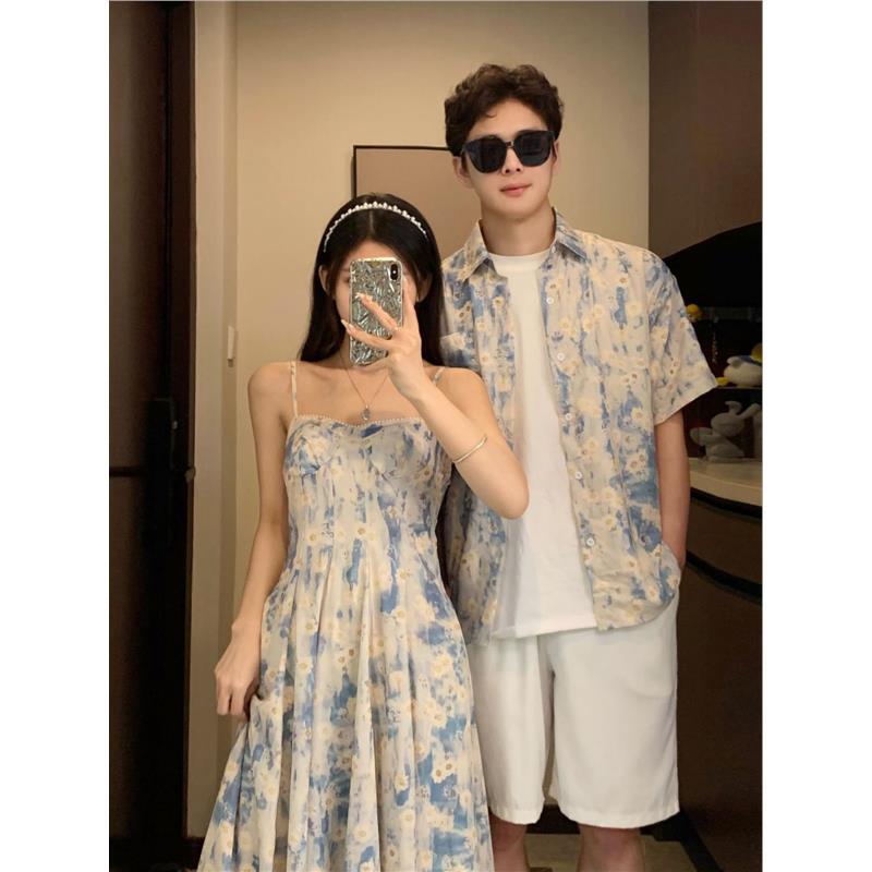 Couple Outfits 2025 Summer New Style Vacation Travel Style Beach Dress Niche Spaghetti Strap Dress High-End Men's Shirt