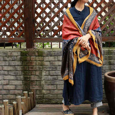 Zi Yue's retro pattern ethnic style printed comfortable cotton large scarf shawl, artistic and versatile, long fringed scarf