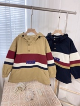 Lovely childrens clothing 2023 autumn style medium and large childrens letter embroidery color block hooded pullover childrens outerwear 1716