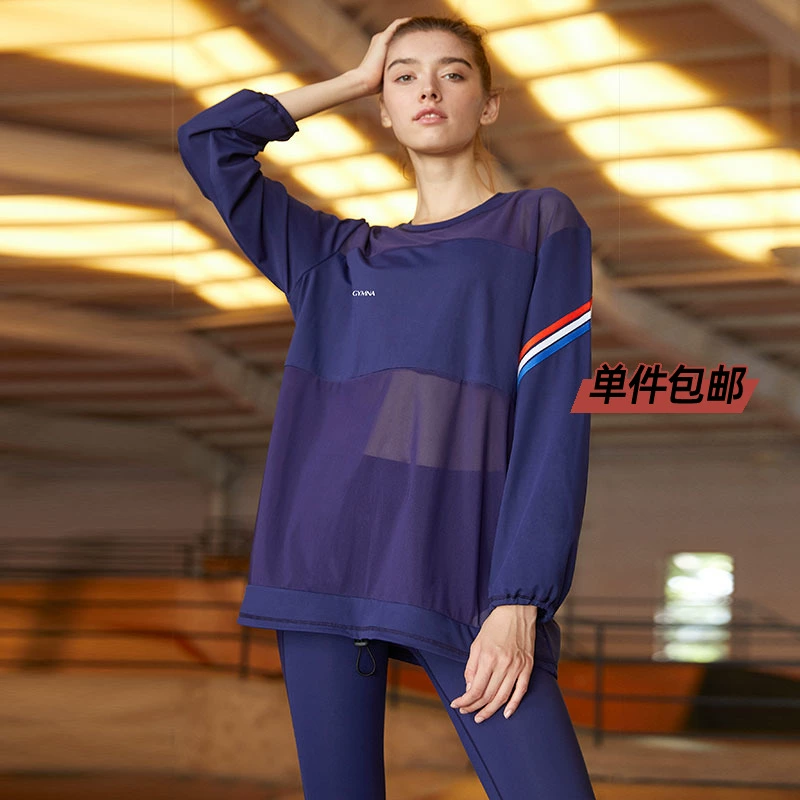 Xiaoxijia Sports Retro College Wind Điều chỉnh Hem dài tay áo thun Thời trang Casual Loose chắp vá áo thun - Áo phông thể thao