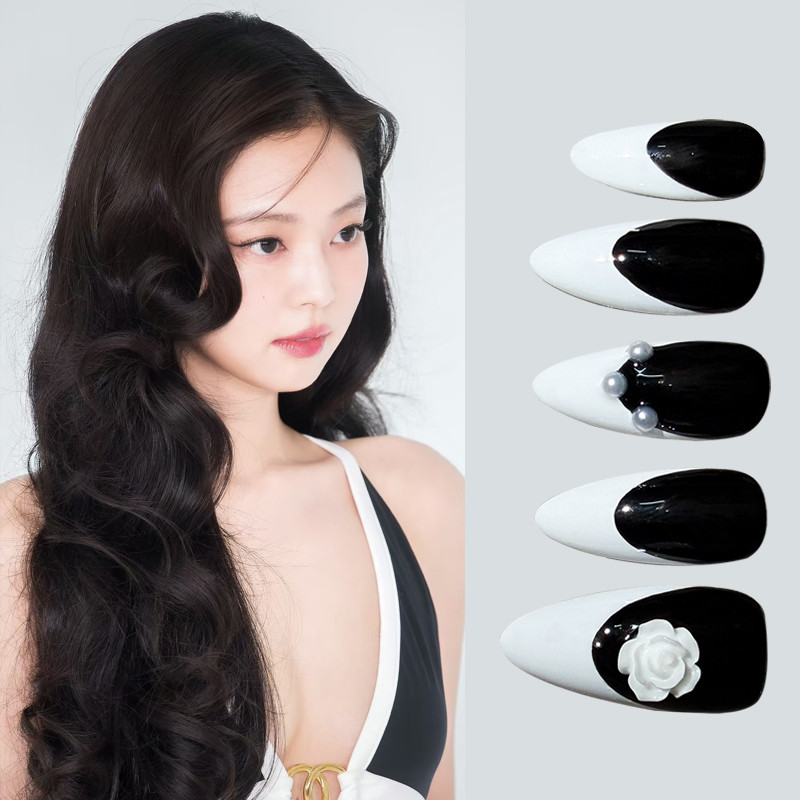 Jennie 2026 New Handmade Wearable Nails Black and White French Style Short Almond Nail Tips Light Luxury Boutique Jennie 2026 New Handmade Wearable Nails Black and White French Style Short Almond Nail Tips Light Luxury Boutique