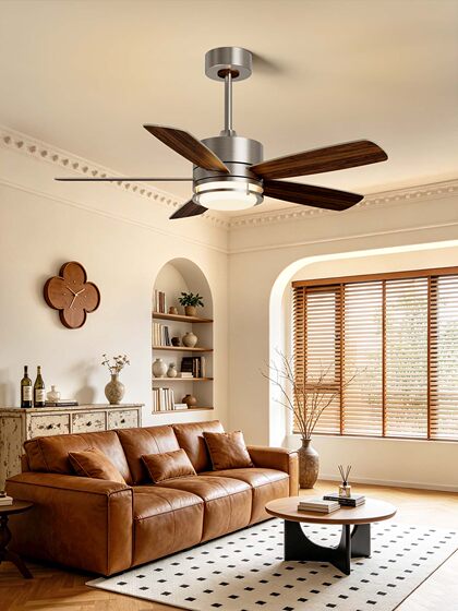 Retro Wood Grain Color Living Room Ceiling Fan Light, Household Dining Room Integrated Fan Light, Vintage Style Silent Inverter Fan Light