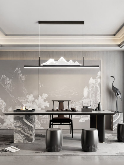 New Chinese-Style Landscape Restaurant Light, Linear Pendant Light, Modern Minimalist Mid-Century Walnut Color Tea Room Dining Table Lighting