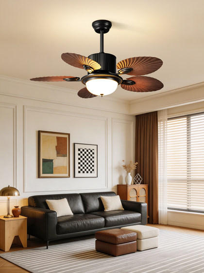 Medieval Style Restaurant Fan Lamp, Retro Walnut Wood Grain Ceiling Fan Lamp, Household Living Room and Bedroom Variable Frequency Integrated Fan Lamp