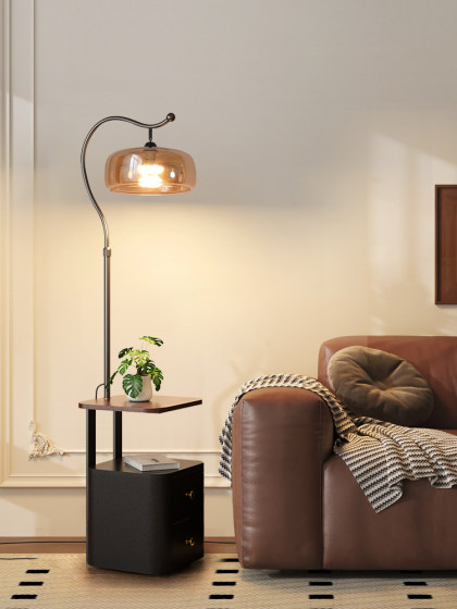 Italian-Style Floor Lamp with Integrated Bedside Table, Light Luxury and High-End Feel, Suitable for Living Room Next to the Sofa, Ambiance Side Table, Standing Table Lamp