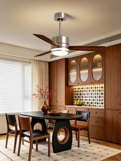 Retro Wood Grain Color Living Room Ceiling Fan Light, Household Dining Room Integrated Fan Light, Vintage Style Silent Inverter Fan Light