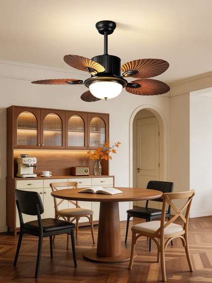 Medieval Style Restaurant Fan Lamp, Retro Walnut Wood Grain Ceiling Fan Lamp, Household Living Room and Bedroom Variable Frequency Integrated Fan Lamp